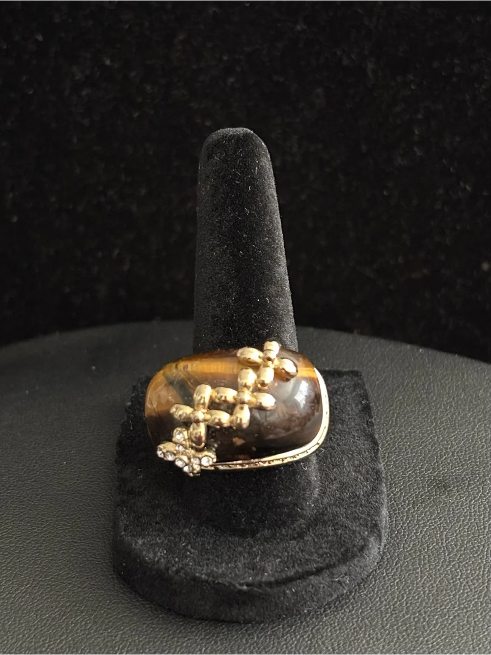 Camilla Lucia Gold-Tone Tiger's Eye Statement Ring with Crystal Accents